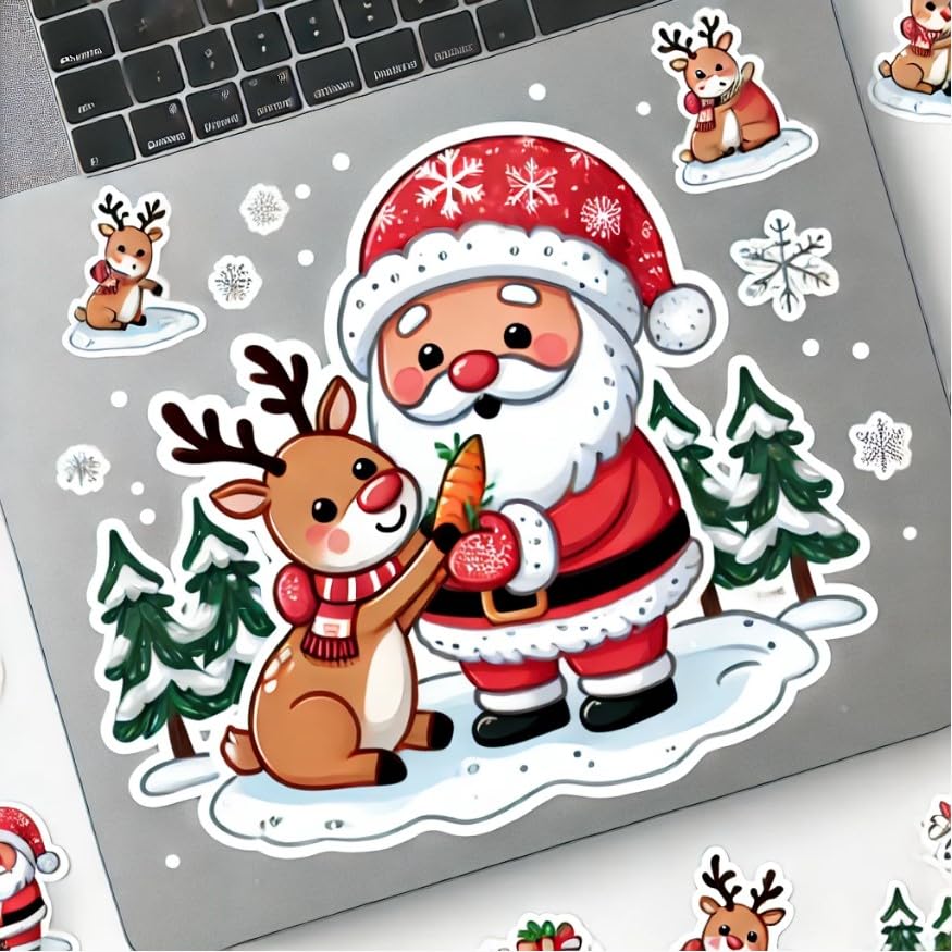 Vinyl sticker: Santa Claus Feeding Reindeer with Snowy Forest Design (6)