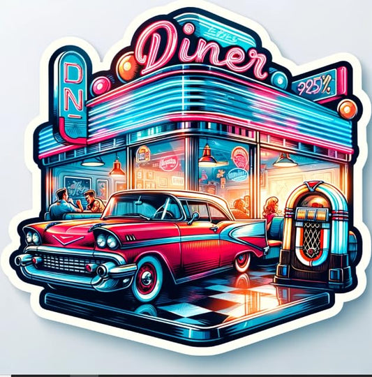Vinyl sticker: Retro 1950s American Diner Sticker - Vintage Neon Style Decal for Laptops, Cars, and Nostalgia Enthusiasts. Colorful and Dynamic Illustration of a Classic American Diner from The 1950s.