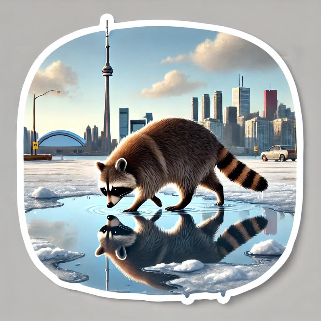 Vinyl sticker: Laptop Wall Car Window Bumper Sticker Decal Truck Waterproof Auto Water Bottle Toronto Trash Panda Realistic Raccoon Walking on Frozen Puddle with CN Tower in Snowy Lot