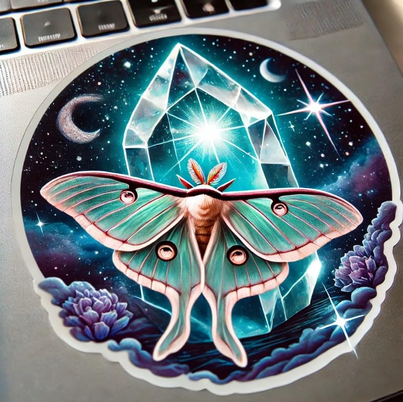 Vinyl sticker: Luna Moth on Crystal Laptop Wall Car Window Bumper Sticker Decal - Mystical Cosmic Scene with Glowing Light, Ethereal Vinyl for Trucks, Water Bottles, Auto, and More