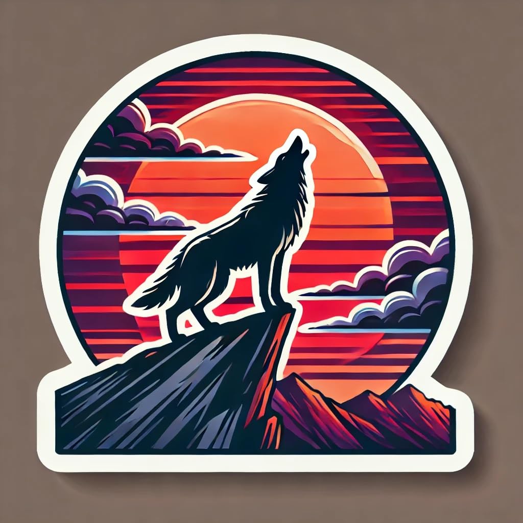 Vinyl sticker: Sunset Wolf Silhouette Waterproof Sticker for Laptop Wall Car Window Bumper Decal Truck Auto Water Bottle – Mountain Horizon Art