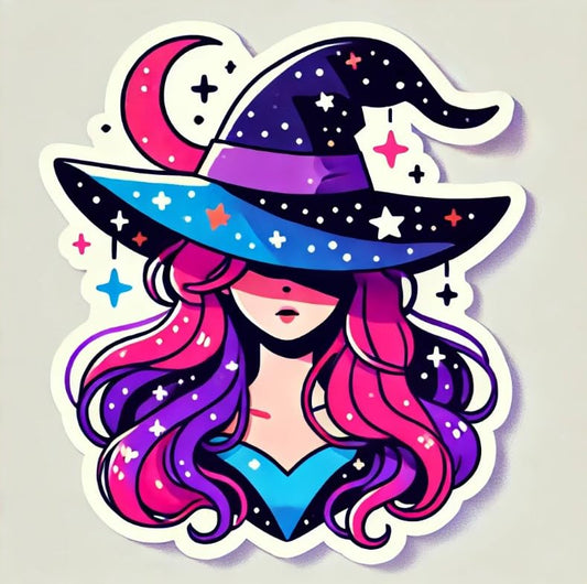 Vinyl sticker: Celestial Witch Laptop, Wall, Car, Window, Bumper Sticker Decal - Magical Pink & Purple Hair, Blue Outfit, Stars & Moon Hat - Waterproof