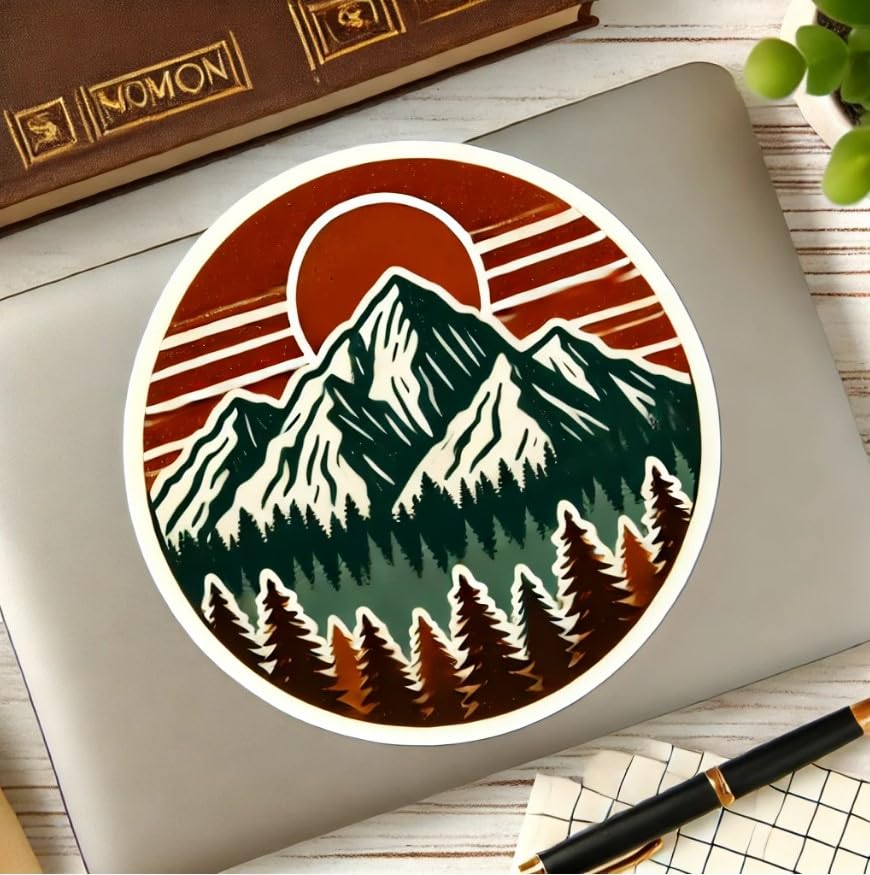 Vinyl sticker: Vintage Nature Wanderlust Sticker – Mountain and Forest Design for Car, Laptop, Window, Water Bottle, Truck, and Bumper