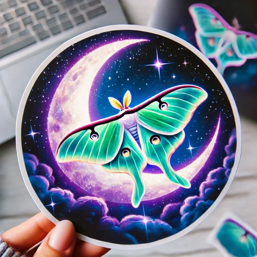 Vinyl sticker: Luna Moth on Crescent Moon Laptop Wall Car Window Bumper Sticker Decal - Magical Night Sky with Glowing Moon, Serene Vinyl for Trucks, Water Bottles, Auto, and More