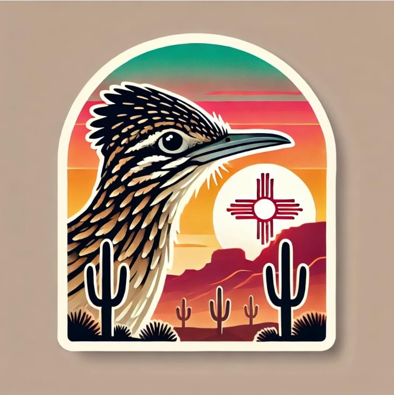 Vinyl sticker: Laptop Wall Car Window Bumper Sticker Decal Truck Waterproof Auto Water Bottle – Sunrise Chaparral Bird Peeking Over Ridge with Illuminated Crest and Zia Background