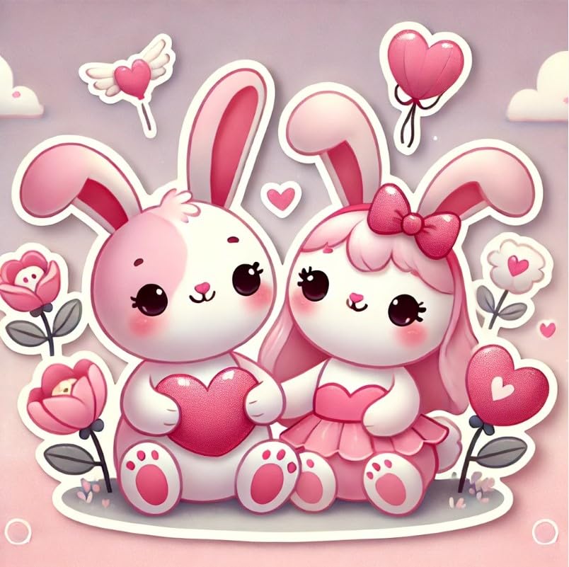 Vinyl sticker: Cute Pink Bunny Couple on Valentine's Day with Floating Hearts for Car Window, Laptop, Bumper, Waterproof Decal for Truck, Auto, Water Bottle Decoration