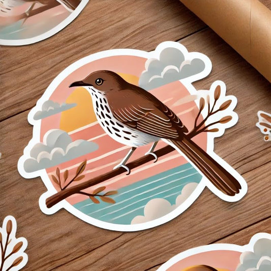 Vinyl sticker: Car Laptop Wall Window Bumper Sticker Waterproof Auto Decal Truck Water Bottle – Brown Thrasher with Sunset Sky Georgia Bird Soft Pastel Wildlife Design