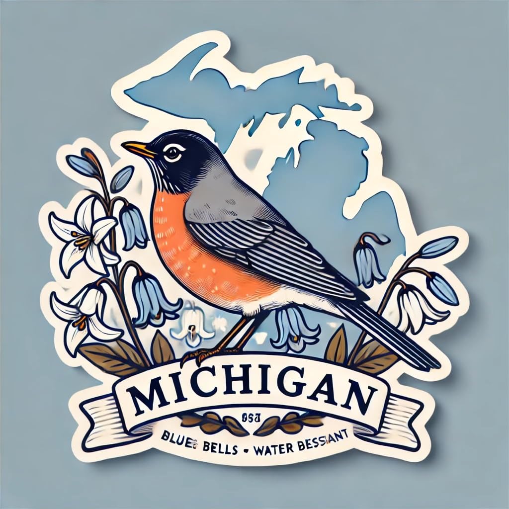 Vinyl sticker: Robin in Trillium Bluebell Wreath Sticker Waterproof Car Wall Laptop Window Bumper Auto Truck Water Bottle Michigan State Bird Emblem Floral Nature Design