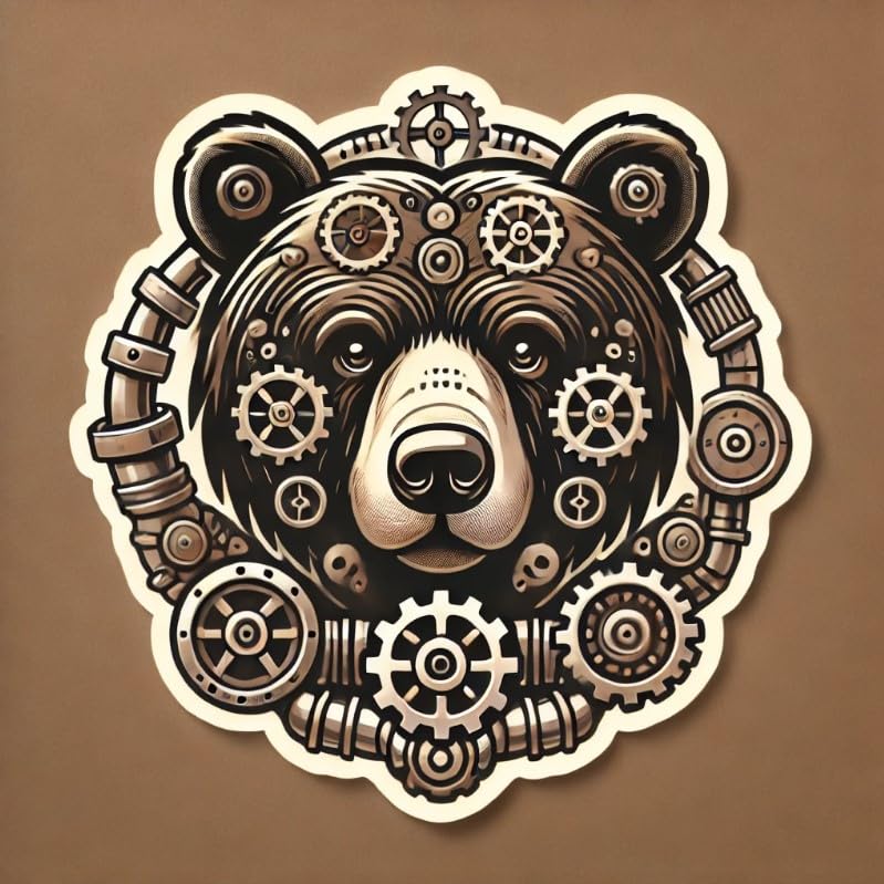 Vinyl sticker: Steampunk Alabama Black Bear Wall, Car, Window, Bumper Sticker – Gears and Pipes Design for Laptops and Water Bottles