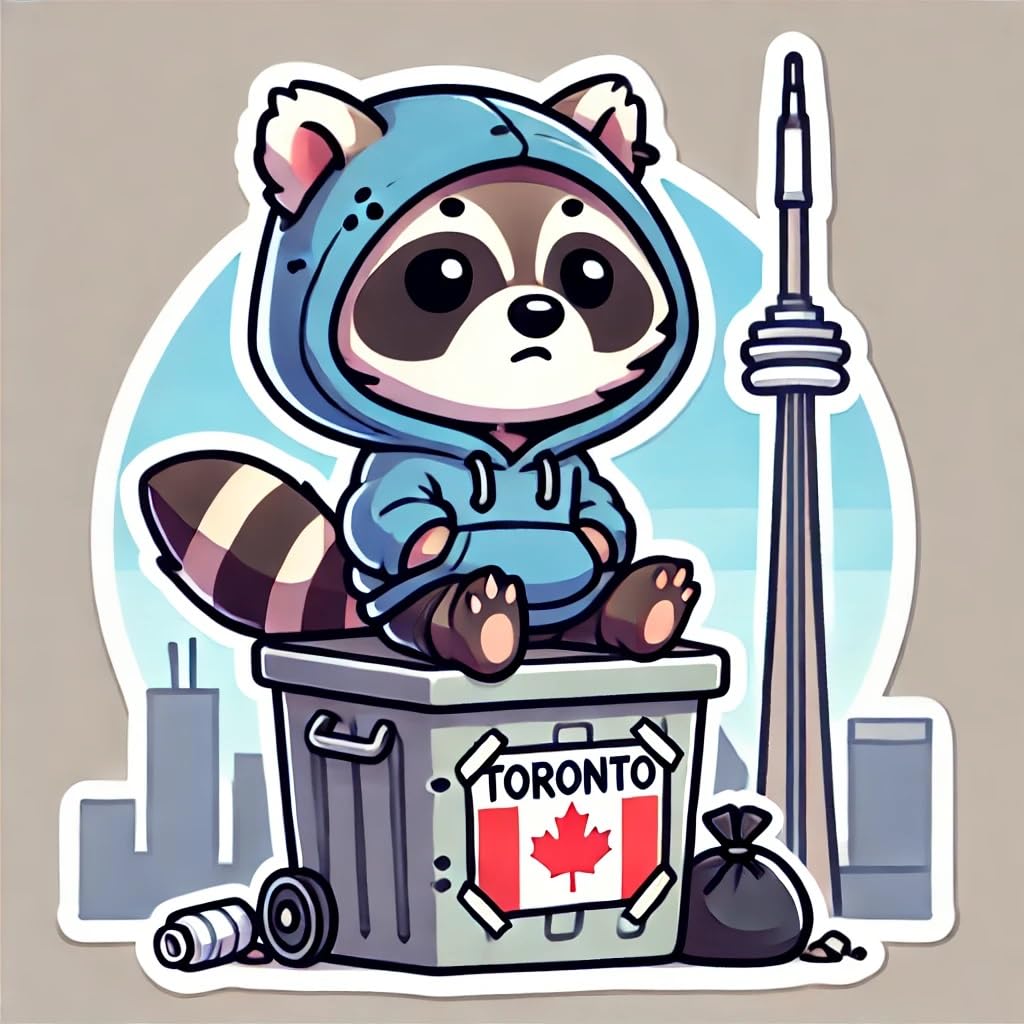 Vinyl sticker: Laptop Wall Car Window Bumper Sticker Decal Truck Waterproof Auto Water Bottle Toronto Trash Panda Raccoon in Hoodie on Trash Can with CN Tower Canada Style