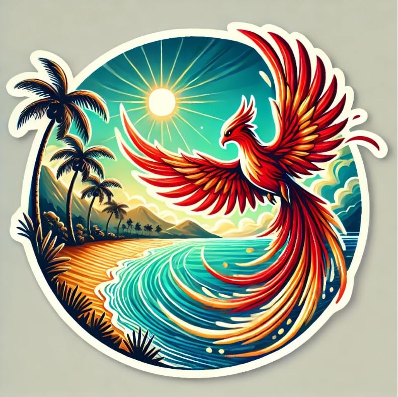 Vinyl sticker: Phoenix Tropical Landscape Sticker Decal for Laptop, Wall, Car, Window, Waterproof Vinyl Bumper, Auto, Truck, and Water Bottle