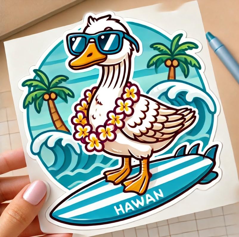 Vinyl sticker: Waterproof Laptop Car Window Bumper Sticker Wall Decal Truck Auto Water Bottle Featuring Cartoon Hawaiian Goose Nene on Surfboard with Sunglasses and Lei
