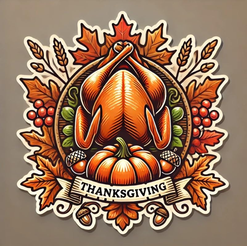 Vinyl sticker: Thanksgiving Day Autumn Leaves & Turkey Sticker for Laptop, Wall, Car, Window, Bumper Decal – Fall Harvest Design for Truck, Waterproof and Auto Use, Perfect for Water Bottles and More