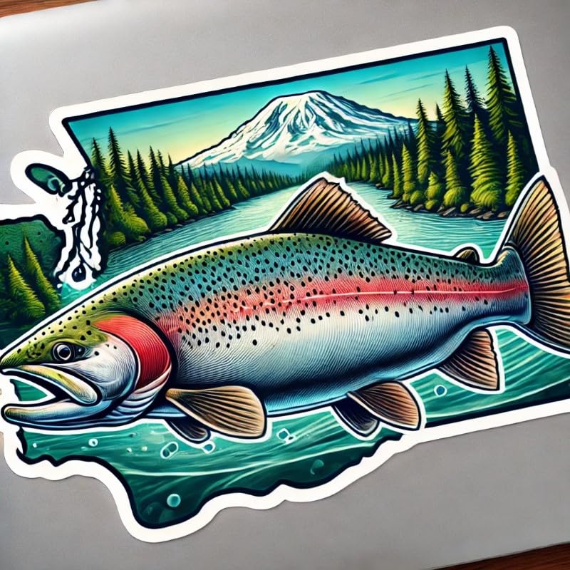 Vinyl sticker: Steelhead Trout Washington State Nature Laptop Wall Car Window Bumper Sticker Decal Waterproof Auto Water Bottle Mount Rainier Design