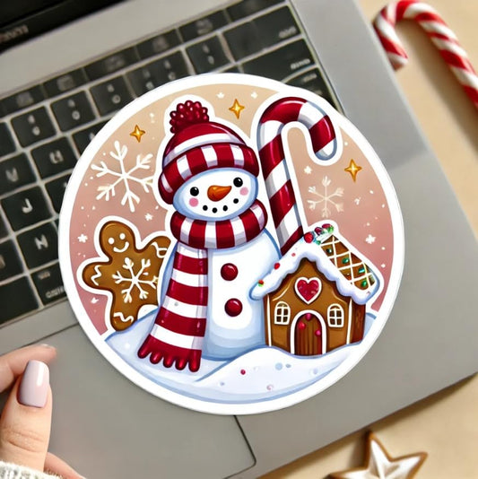 Vinyl sticker: Snowman Gingerbread House Candy Cane Sticker for Laptop, Car, Wall, Window, and Water Bottle | Festive Vinyl Decal