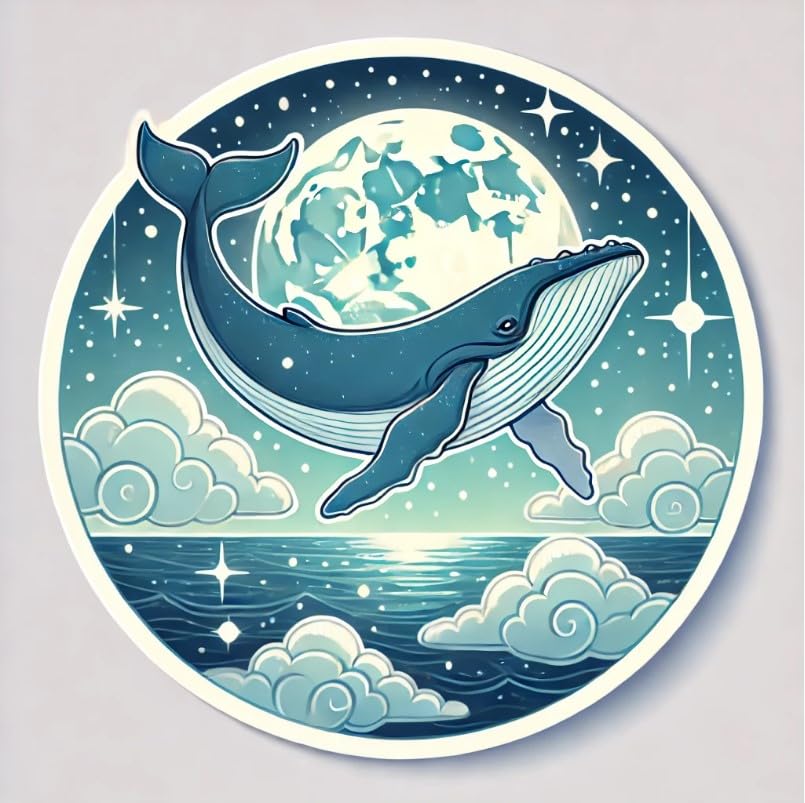 Vinyl sticker: Waterproof Laptop Wall Car Window Bumper Sticker Decal of Humpback Whale Jumping in Front of Full Moon with Stars and Night Clouds (4)