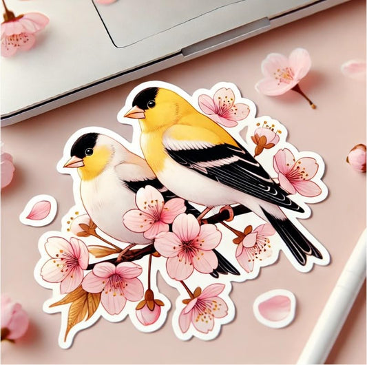 Vinyl sticker: Two American Goldfinches on a Cherry Blossom Branch - Laptop, Wall, Car, Window, Bumper, Sticker, Decal, Truck, Waterproof, Auto, Water Bottle