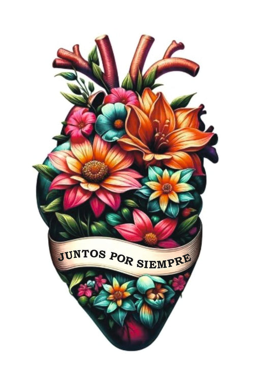 Vinyl sticker: Stickers Juntos por Siempre Flowers Heart Lifestyle Decal Multicolor Waterproof Vinyl Decals in Diverse Shapes for Laptops Cars Bottles Cultural Motif Versatile Use (Juntos por Siempre, 8 inch)
