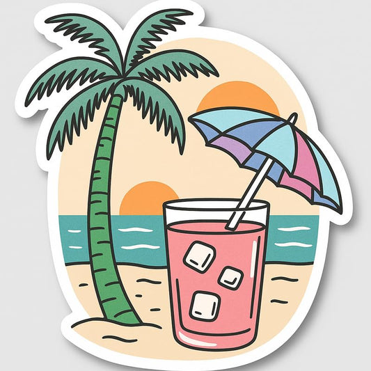 Vinyl sticker: Beach Sunset Drink Sticker – Waterproof Vinyl Decal for Laptop, Wall, Car, Window, Bumper, Auto, Truck, Water Bottle – Tropical Pink Cocktail with Palm Tree Art – Variation 3