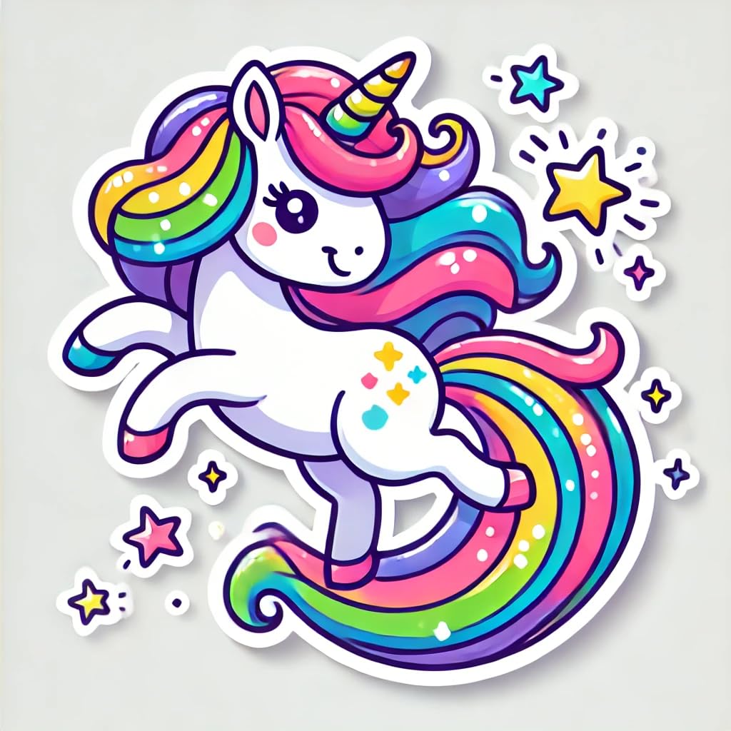 Vinyl sticker: Whimsical Unicorn Sticker for Laptop, Wall, Car, Window, Bumper, Truck - Playful Design with Rainbow Mane and Stars
