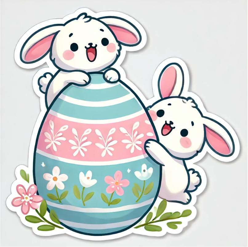 Vinyl sticker: Easter Bunnies Balancing on Pastel Egg Sticker for Laptop, Wall, Car, Window, Bumper, Decal, Truck, Waterproof, Auto, Water Bottle – Playful Rabbits with Floral Design (4)