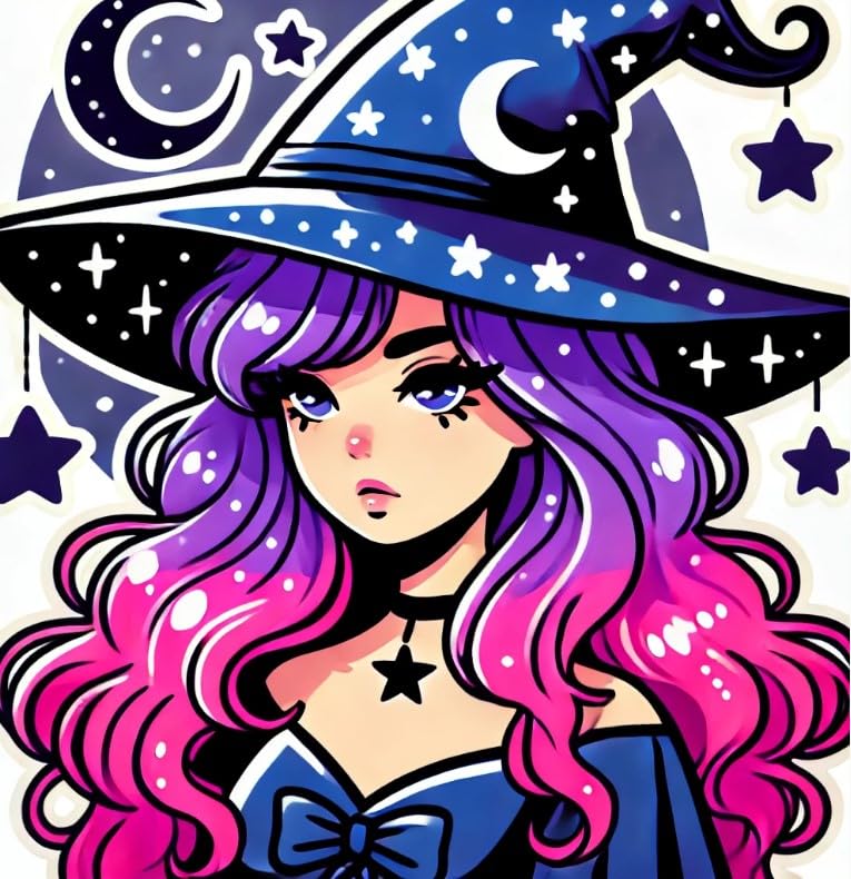 Vinyl sticker: Celestial Witch Laptop, Wall, Car, Window, Bumper Sticker Decal - Mesmerizing Pink & Purple Hair, Blue Outfit, Stars & Moon Hat - Waterproof