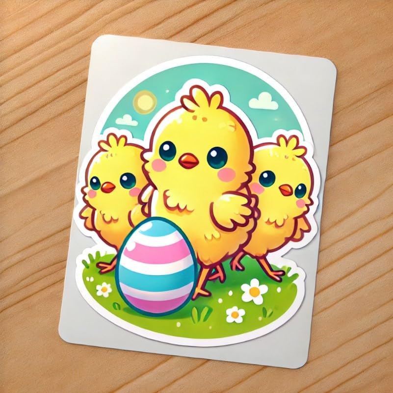 Vinyl sticker: Cute Easter Chicks Sticker for Laptop, Wall, Car, Window, Bumper, Decal, Truck, Waterproof, Auto, Water Bottle – Fluffy Baby Birds Walking in Spring Meadow