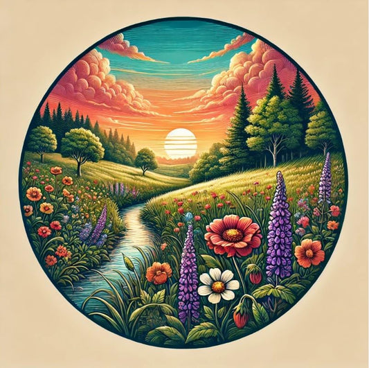 Vinyl sticker: Round Meadow and Sunset Landscape Sticker - Natural Scenery Decal for Laptop, Wall, Car, Window, Bumper, Truck, Waterproof Auto, Water Bottle Decor