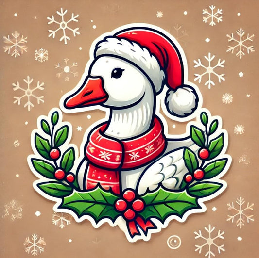 Vinyl sticker: Christmas Goose in Santa Hat with Snowflakes and Holly