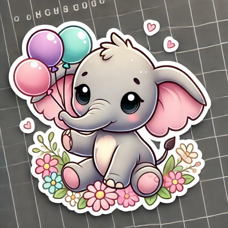 Vinyl sticker: Cute Baby Elephant Wall Laptop Car Window Bumper Sticker Decal – Waterproof Vinyl Elephant with Balloons for Water Bottles (6)