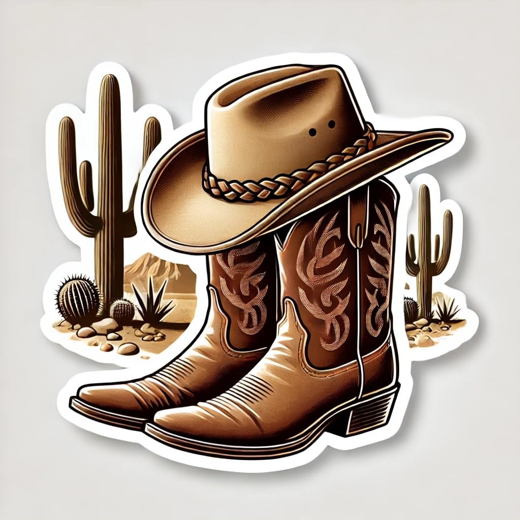 Vinyl sticker: Cowboy Hat and Boots with Desert Background Laptop Wall Car Window Bumper Sticker Decal Truck Waterproof Auto Water Bottle