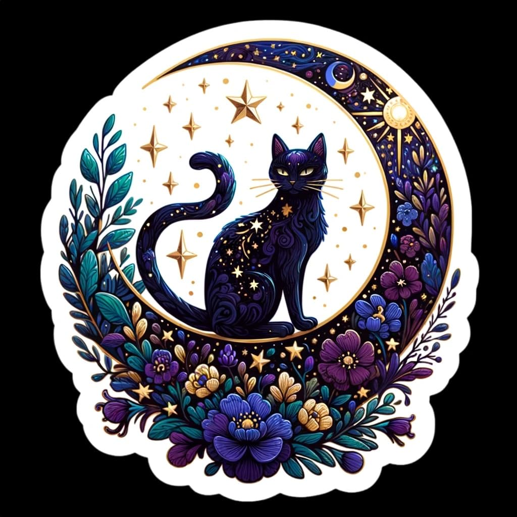 Vinyl sticker: Moonlit Garden Cat Sticker Decal - Enchanting Design for Laptop, Wall, Car, Window, Bumper, Truck, Waterproof, Auto, Water Bottle (4)