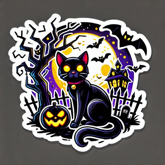 Vinyl sticker: Spooky Black Cat Halloween Sticker - Glowing Eyes, Fence, and Full Moon, Waterproof Vinyl Decal for Laptop, Wall, Car, Window, Bumper, Truck, and Water Bottle (8)