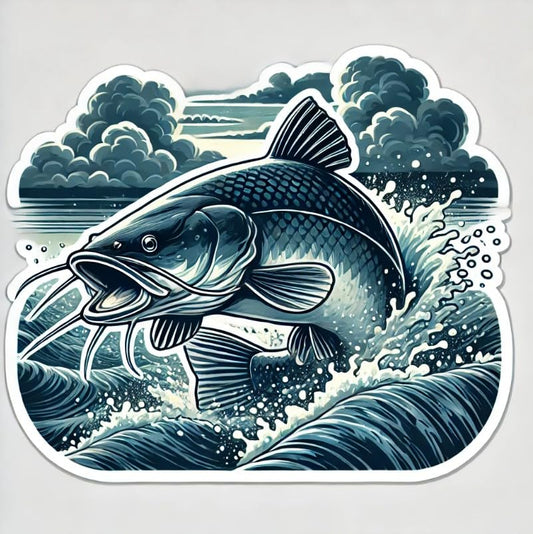 Vinyl sticker: Channel Catfish Stormy River Vinyl Sticker for Laptop, Wall, Car, Window, Bumper, Truck, Waterproof Auto, Water Bottle
