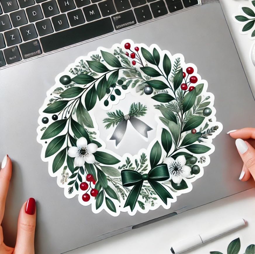 Vinyl sticker: Modern Eucalyptus Christmas Wreath Sticker for Laptop, Wall, Car, Window, Bumper, Decal, Truck, Waterproof Auto, and Water Bottle