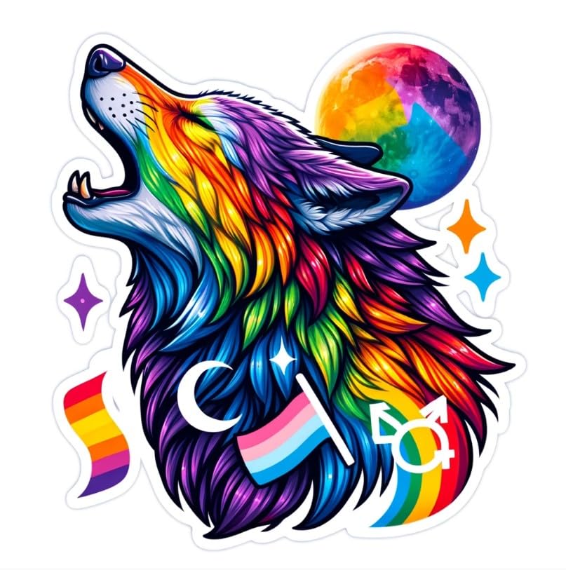 Vinyl sticker: Bold Rainbow Wolf LGBTQ+ Pride Sticker Decal for Laptop, Wall, Car, Window, Bumper, Waterproof, Truck, Water Bottle (6)