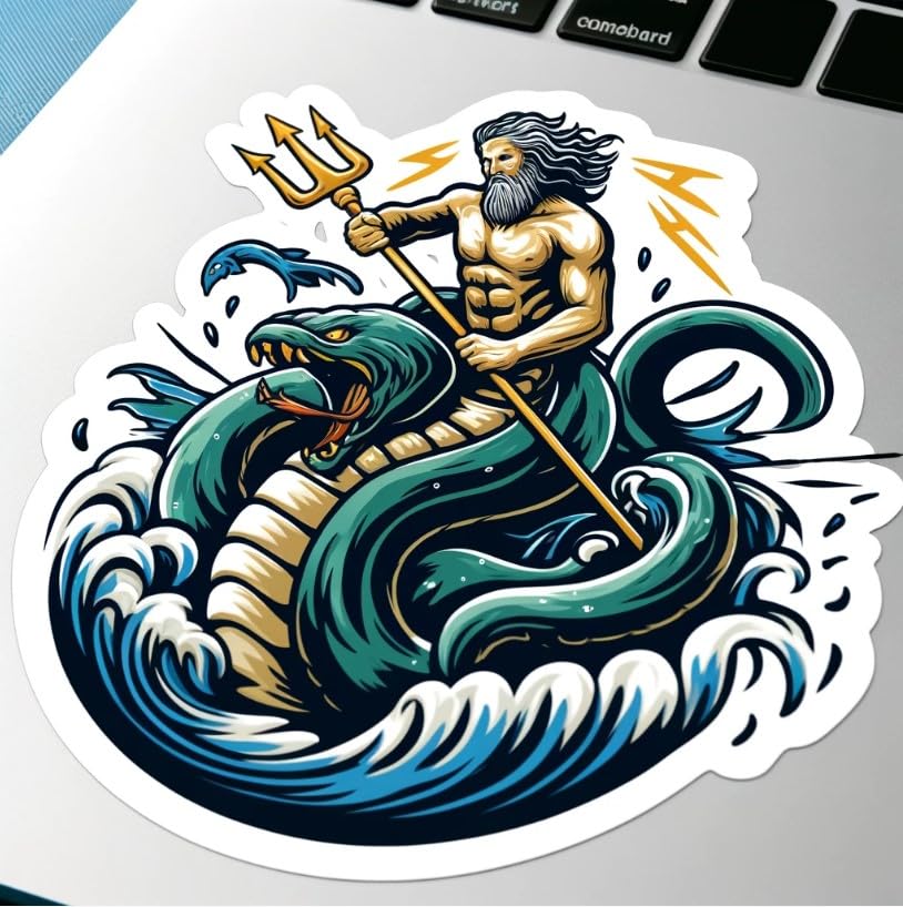 Vinyl sticker: Poseidon Sticker with Sea Serpent and Storm for Laptop, Car, Water Bottle, Waterproof Vinyl Decal for Auto, Truck, and Wall Decoration
