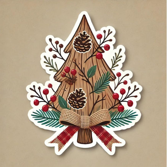 Vinyl sticker: Rustic Christmas Tree Sticker with Burlap Ribbon and Pinecones for Laptop, Wall, Car, Window, Bumper, Decal, Truck, Waterproof Auto, and Water Bottle