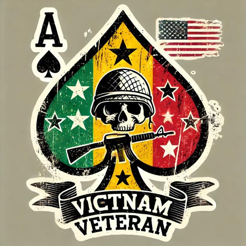 Vinyl sticker: Vietnam Veteran Ace of Spades Sticker - Waterproof, Vintage Military Decal with Camouflage and Soldier's Helmet for Cars, Laptops, Bumpers, and Windows. Variation 2