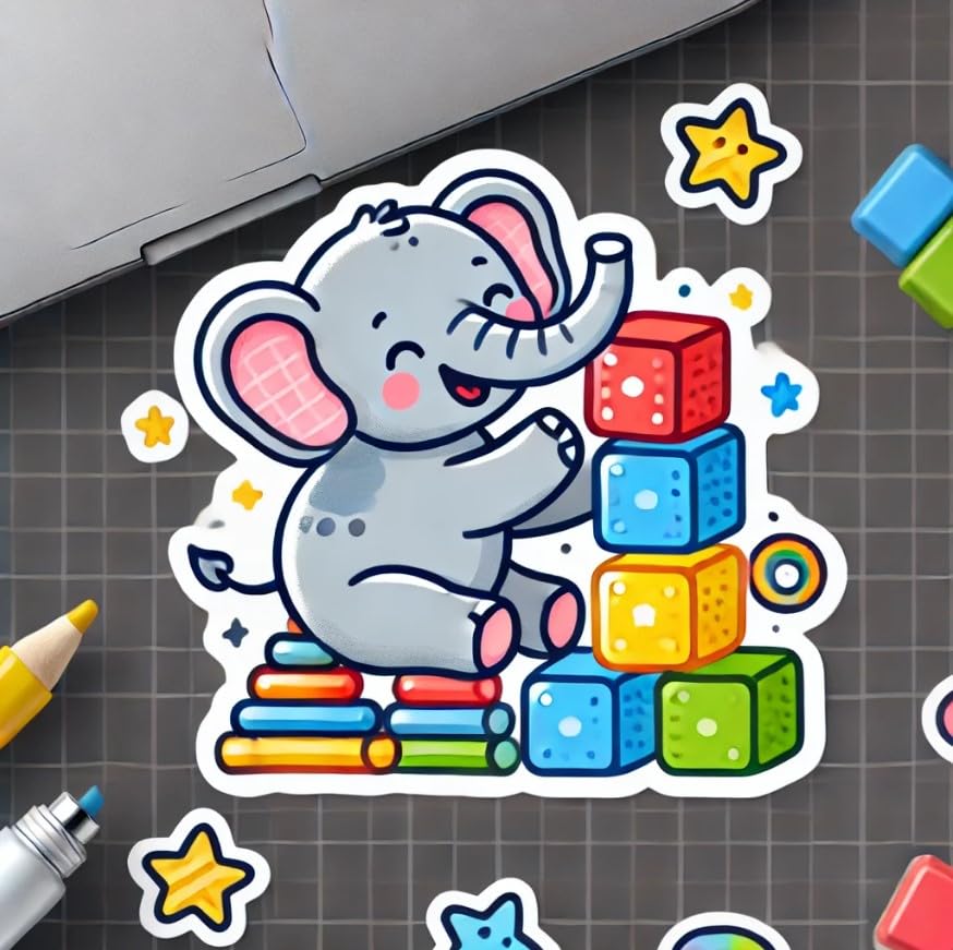 Vinyl sticker: Playful Baby Elephant Wall Laptop Car Window Bumper Sticker Decal – Waterproof Vinyl Elephant with Toys for Water Bottles
