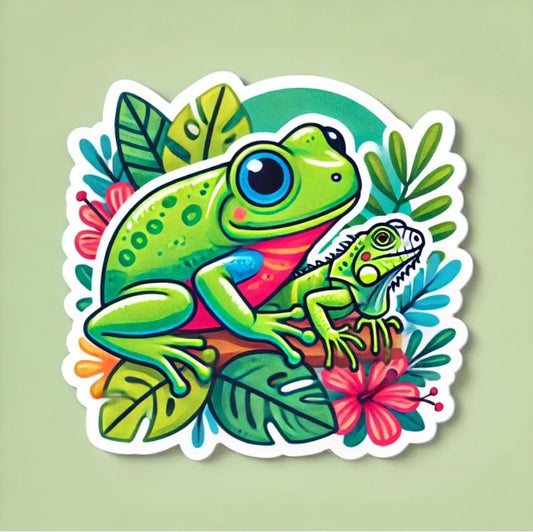 Vinyl sticker: Tropical Frog and Iguana with Flowers Sticker Decal for Laptop, Wall, Car, Window, Bumper, Truck, Water Bottle - Durable Vinyl Sticker for Auto and Home Decor
