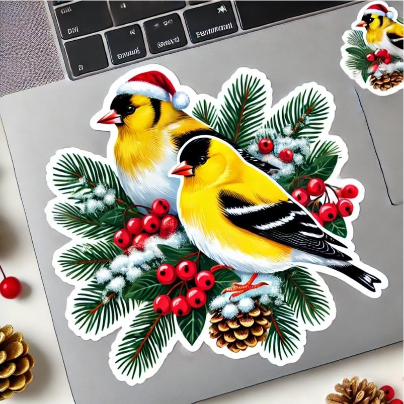 Vinyl sticker: Two American Goldfinches in Winter - Laptop, Wall, Car, Window, Bumper, Sticker, Decal, Truck, Waterproof, Auto, Water Bottle