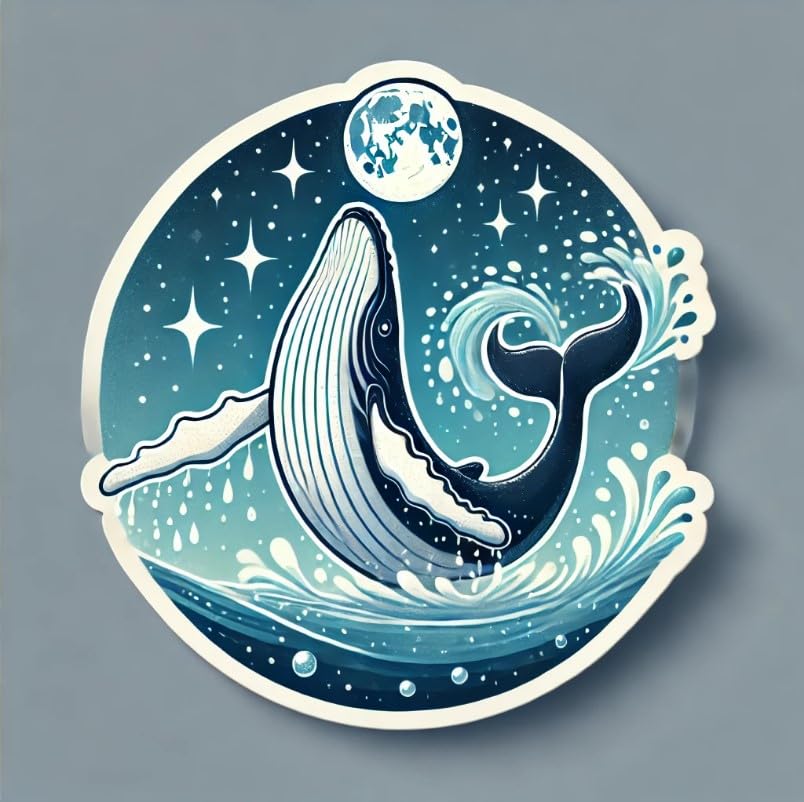 Vinyl sticker: Waterproof Car Laptop Wall Window Bumper Sticker Decal of Humpback Whale Twisting in Spiral Breach Under Moonlight with Starry Sky and Sparkles