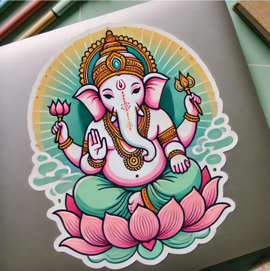 Vinyl sticker: Traditional Ganesha Laptop, Car, Window, Water Bottle Sticker - Four Arms with Lotus Design - Calming Aura Vinyl Decal for Bumpers and Auto