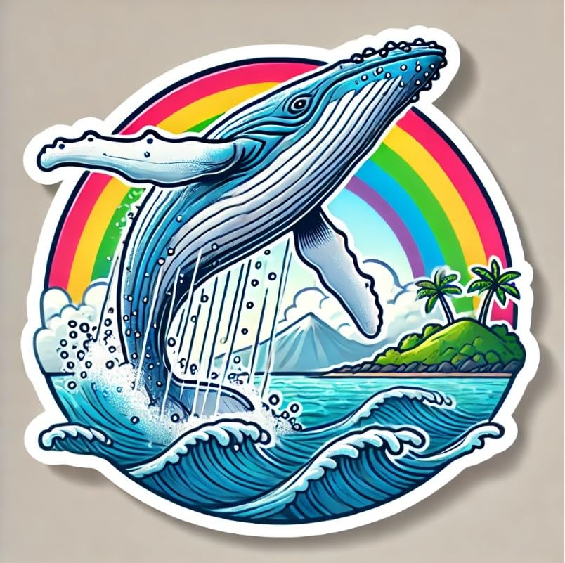 Vinyl sticker: Waterproof Laptop Car Window Wall Bumper Sticker Decal of Humpback Whale Breaching Ocean with Rainbow and Hawaiian Islands in Background