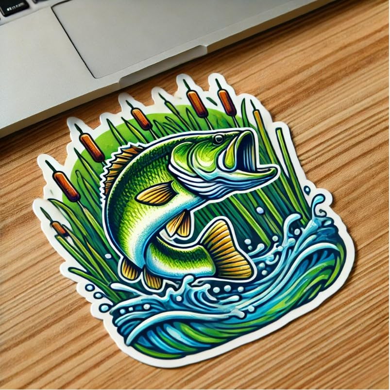 Vinyl sticker: Sunlit Largemouth Bass Decal for Laptop, Car, Bumper, and Water Bottle – Florida Fish Sticker with Vibrant Rays, Waterproof and UV-Resistant