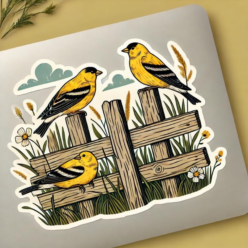 Vinyl sticker: Two American Goldfinches on a Rustic Fence - Laptop, Wall, Car, Window, Bumper, Sticker, Decal, Truck, Waterproof, Auto, Water Bottle