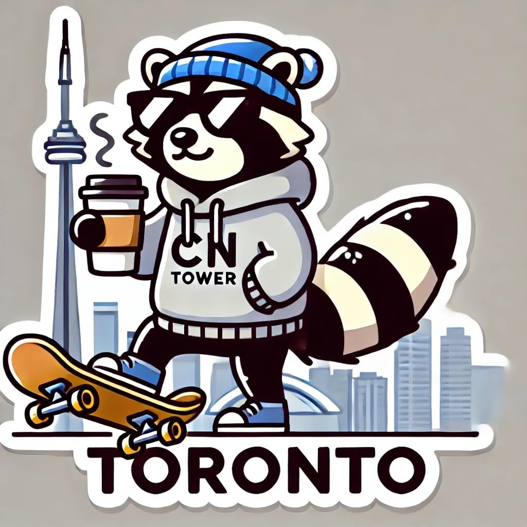 Vinyl sticker: Laptop Wall Car Window Bumper Sticker Decal Truck Waterproof Auto Water Bottle Toronto Trash Panda Raccoon Skateboarding with Coffee and Hoodie Past CN Tower