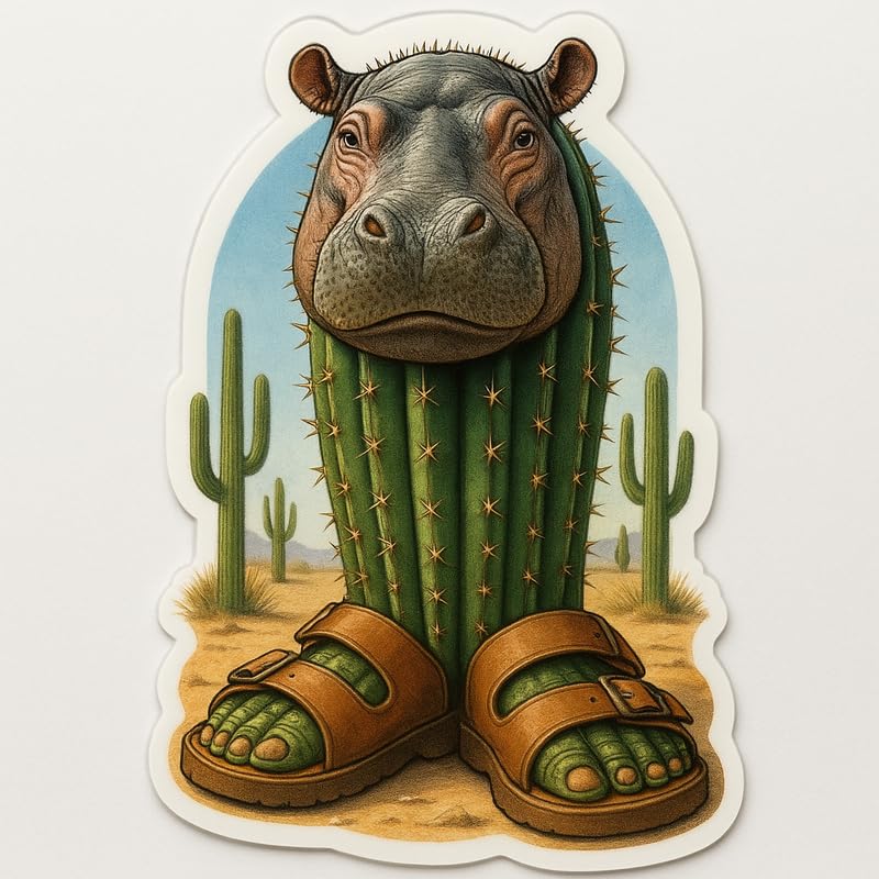 Vinyl sticker: Il Cacto Ippopotamo Realistic Cactus Hippo Sticker – Surreal Hybrid Vinyl Decal for Laptop, Wall, Car, Window, Bumper, Water Bottle, Auto, Truck – Desert Animal Art – Waterproof – Variation 3