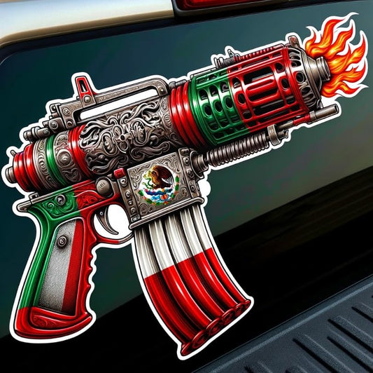 Vinyl sticker: Realistic Mexican Flag Colored Flamethrower Sticker for Car, Window, Laptop, Truck, Bumper - No Outline, High-Detail Decal for Auto and Water Bottles